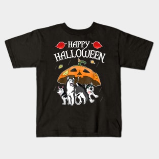 Huskys In Scary Umbrella Rain Night Happy Halloween Kids T-Shirt